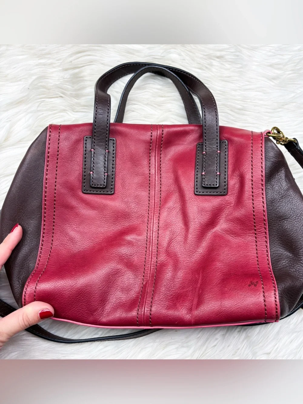 Fossil Emma Satchel Maroon Red Brown Cow Hide Leather Crossbody Bag Purse